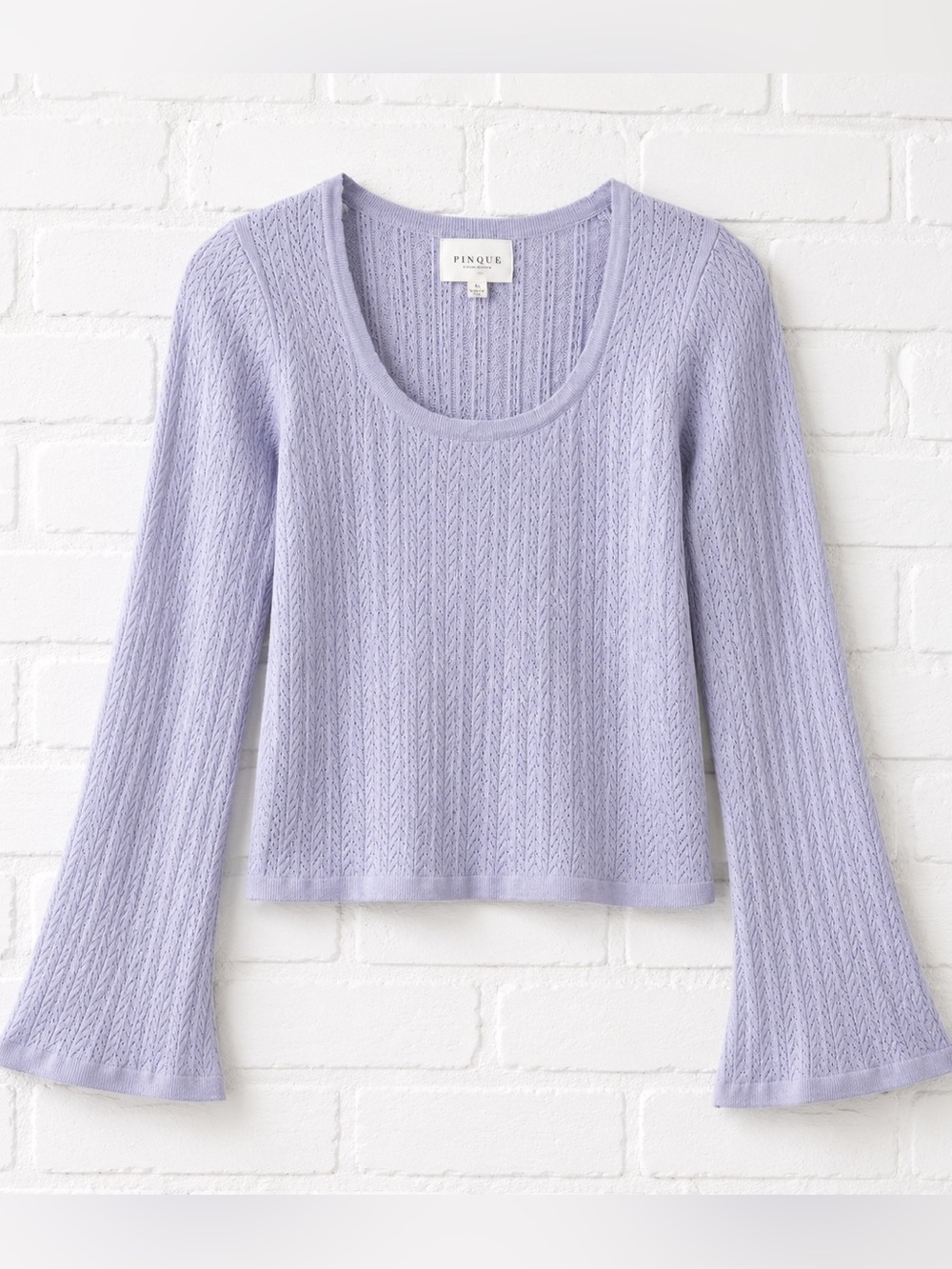 Pinque Pointelle Knit Sweater XL Lavender Bell Sleeve Scoop Neck Cottagecore